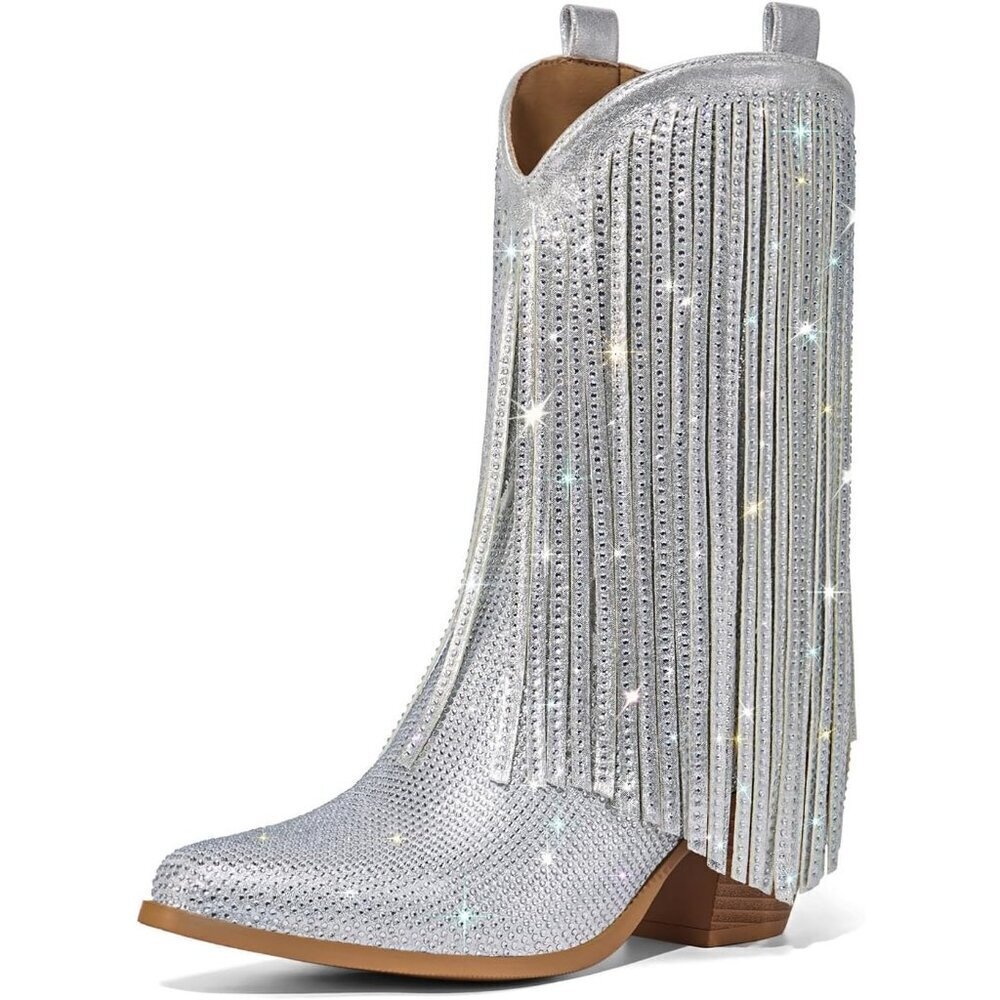 Women's Silver Rhinestone Fringe Sparkly Pointed Toe Western Chunky Heel Boots